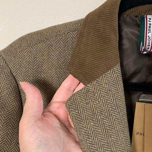 Paul Jones Sz M Wool Herringbone Sport Coat Blazer Jacket Brown Corduroy Collar - Picture 4 of 14